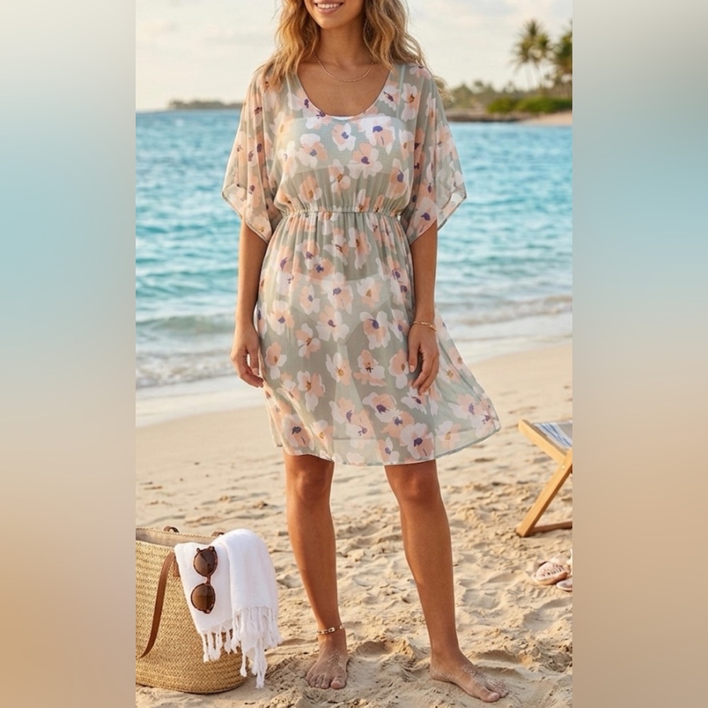 MAUDE Floral Kimono Sleeve Mini Dress Sage‎ Green Pink Smocked Waist Boho Chic